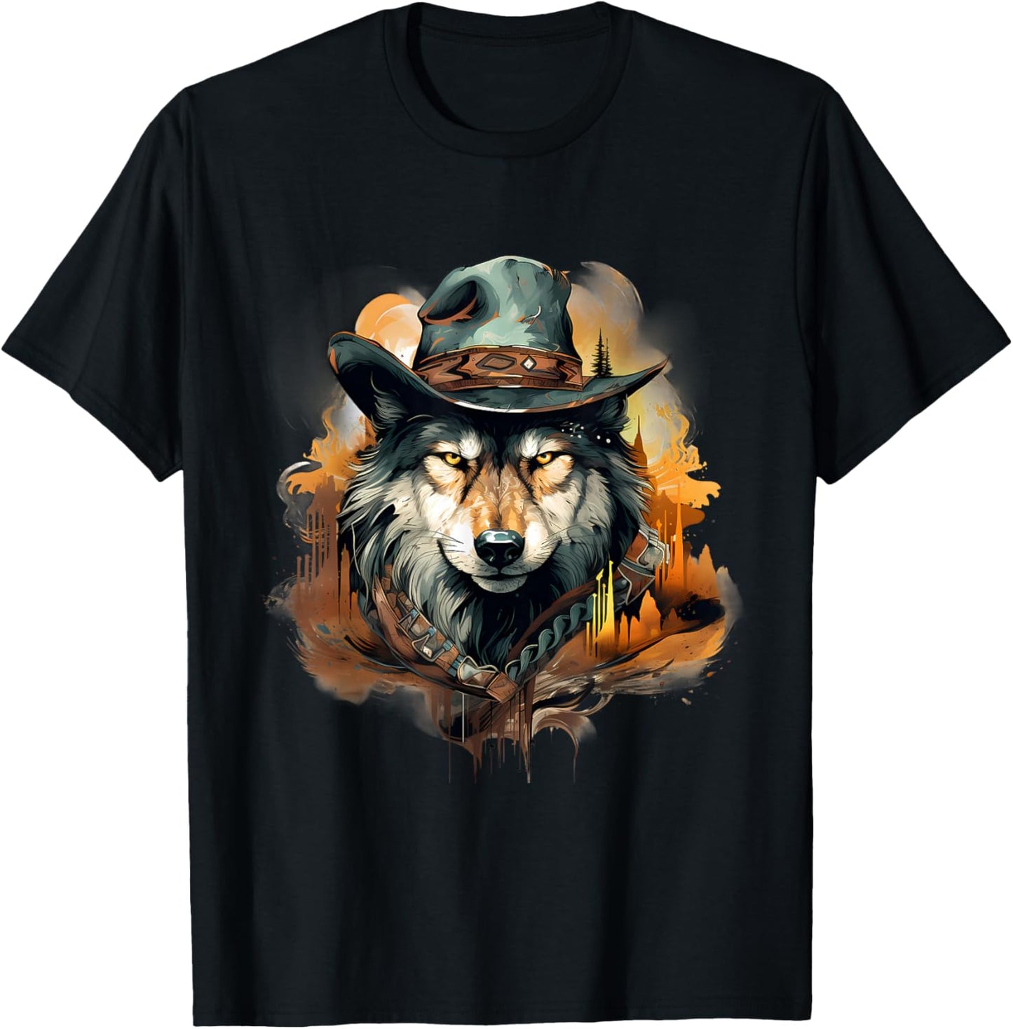 Wolf Animal Art Cowboy Colourful Artwork Animal Lovers T-Shirt - T-Shirt | Black