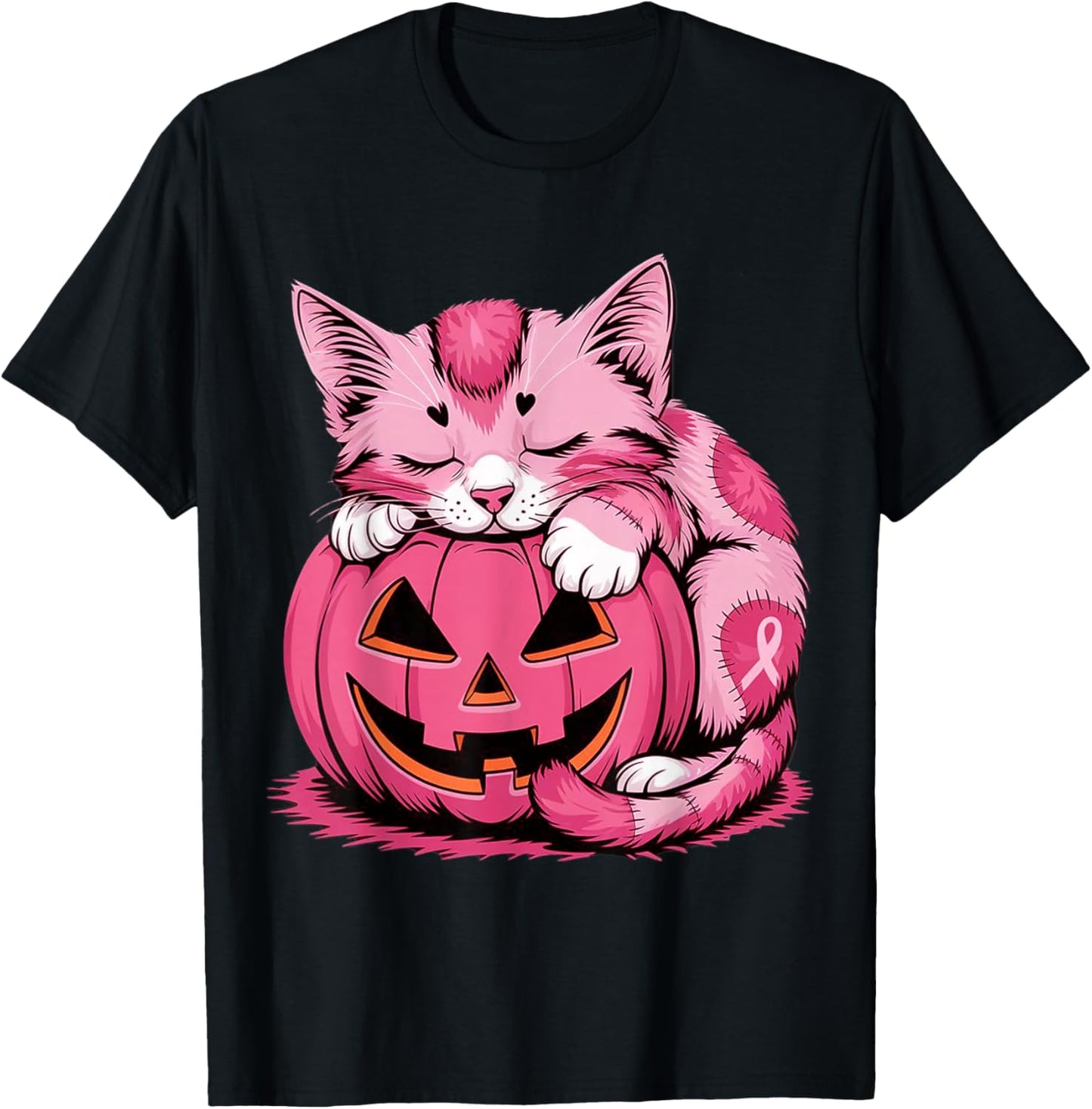 Cute Pink Cat Hugging Pumpkin Breast Cancer Awareness Kitten T-Shirt - T-Shirt | Black