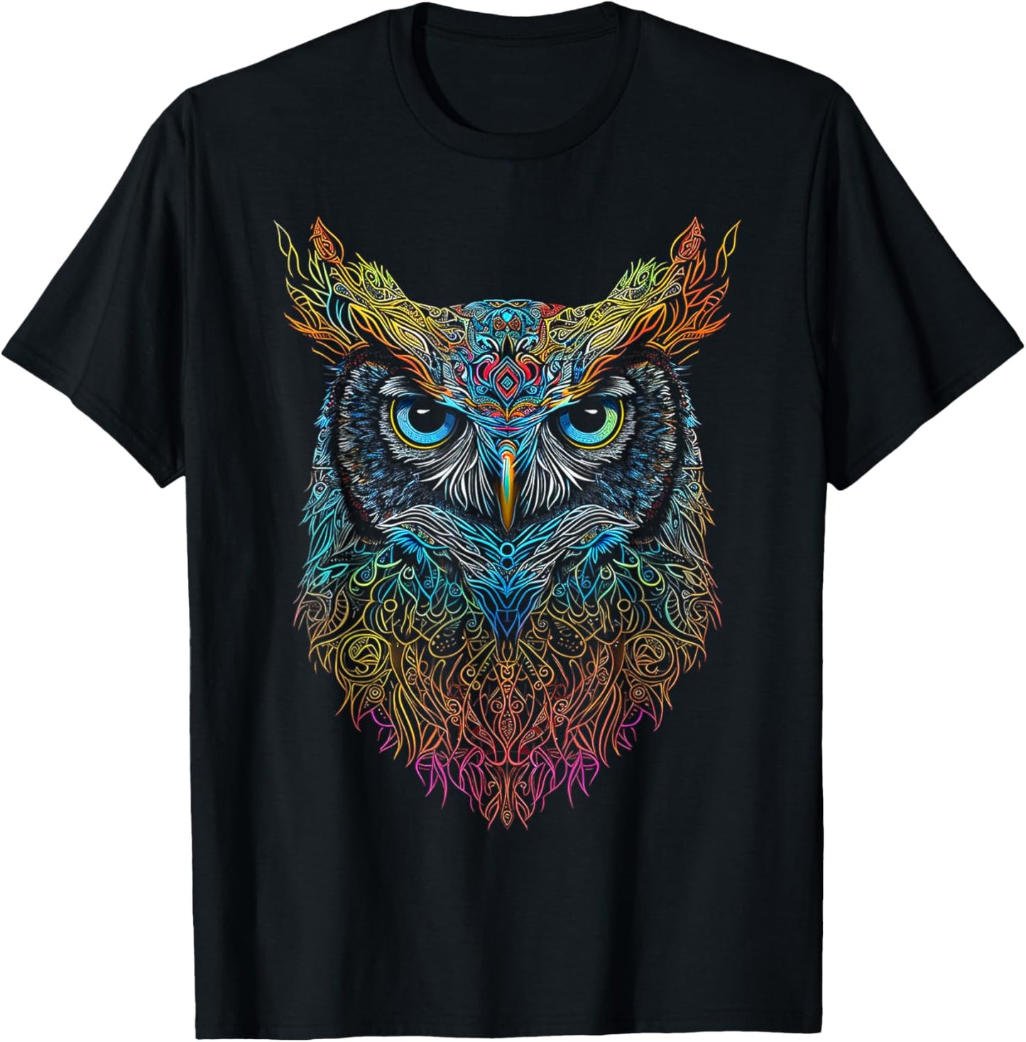 Owl Colorful Mandala Graphic Animal Art Bird Owl T-Shirt - T-Shirt | Black