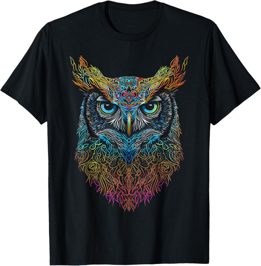 Owl Colorful Mandala Graphic Animal Art Bird Owl T-Shirt - T-Shirt | Black