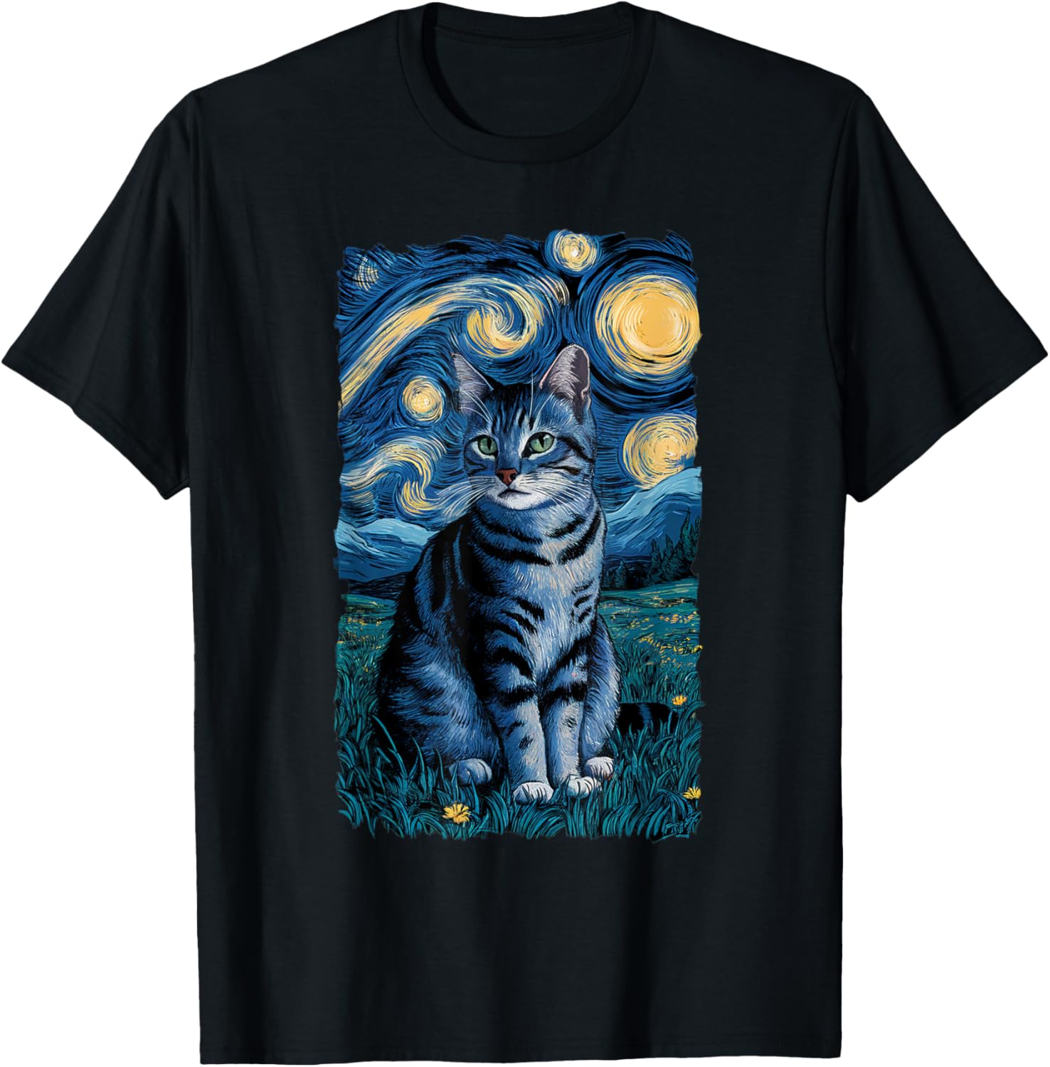 Van Gogh Cat Gifts Tabby Cat Owners Cat Lady Black Men Cat T-Shirt - T-Shirt | Black