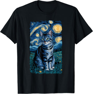 Van Gogh Cat Gifts Tabby Cat Owners Cat Lady Black Men Cat T-Shirt - T-Shirt | Black