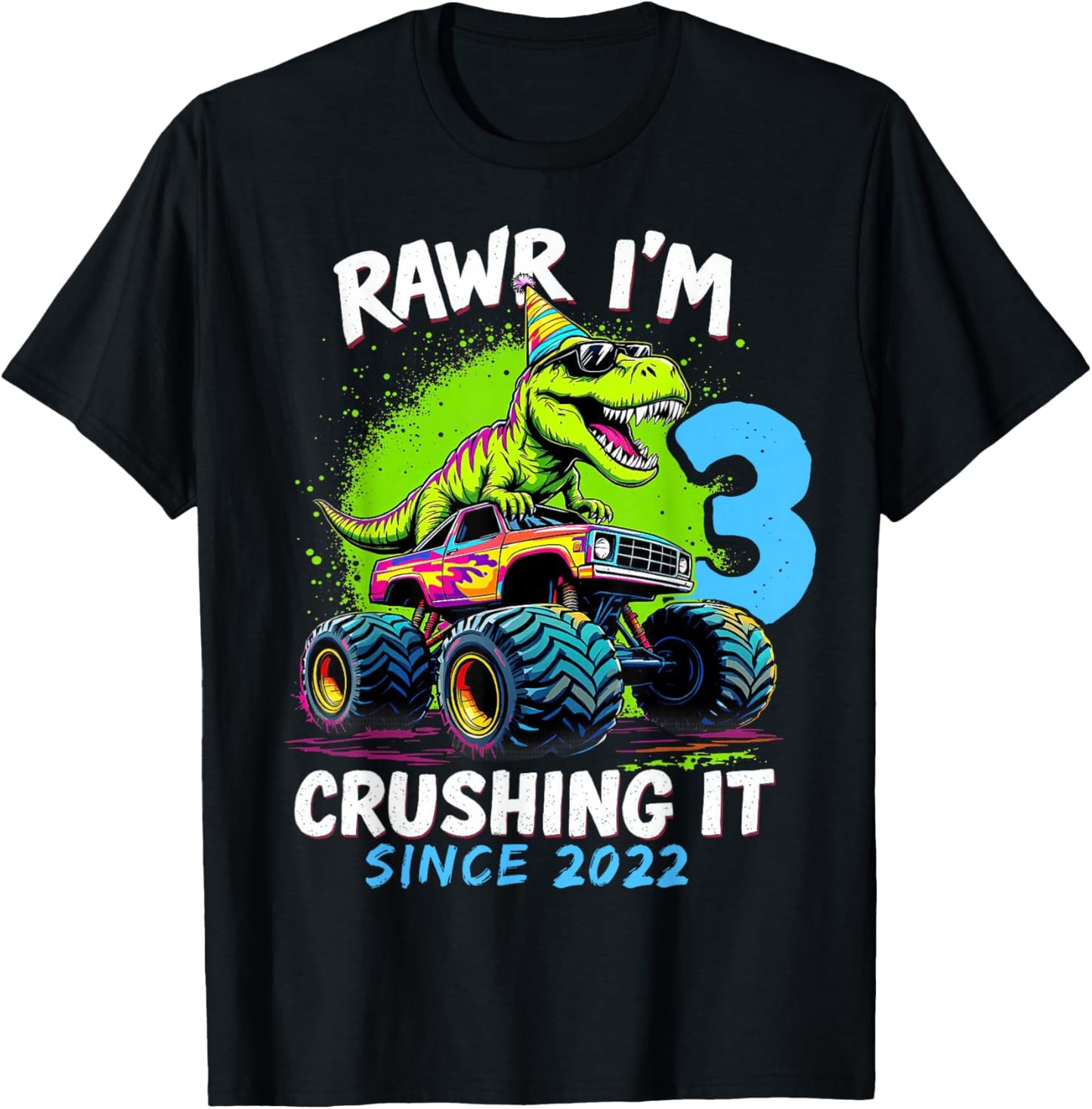 3rd Birthday Monster Truck Dinosaur Party Boys Rawr I'm 3 T-Shirt - T-Shirt | Black