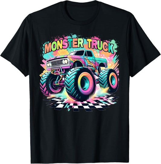 Monster Truck Colorful Birthday Party Retro Trucks Car Lover T-Shirt - T-Shirt | Black