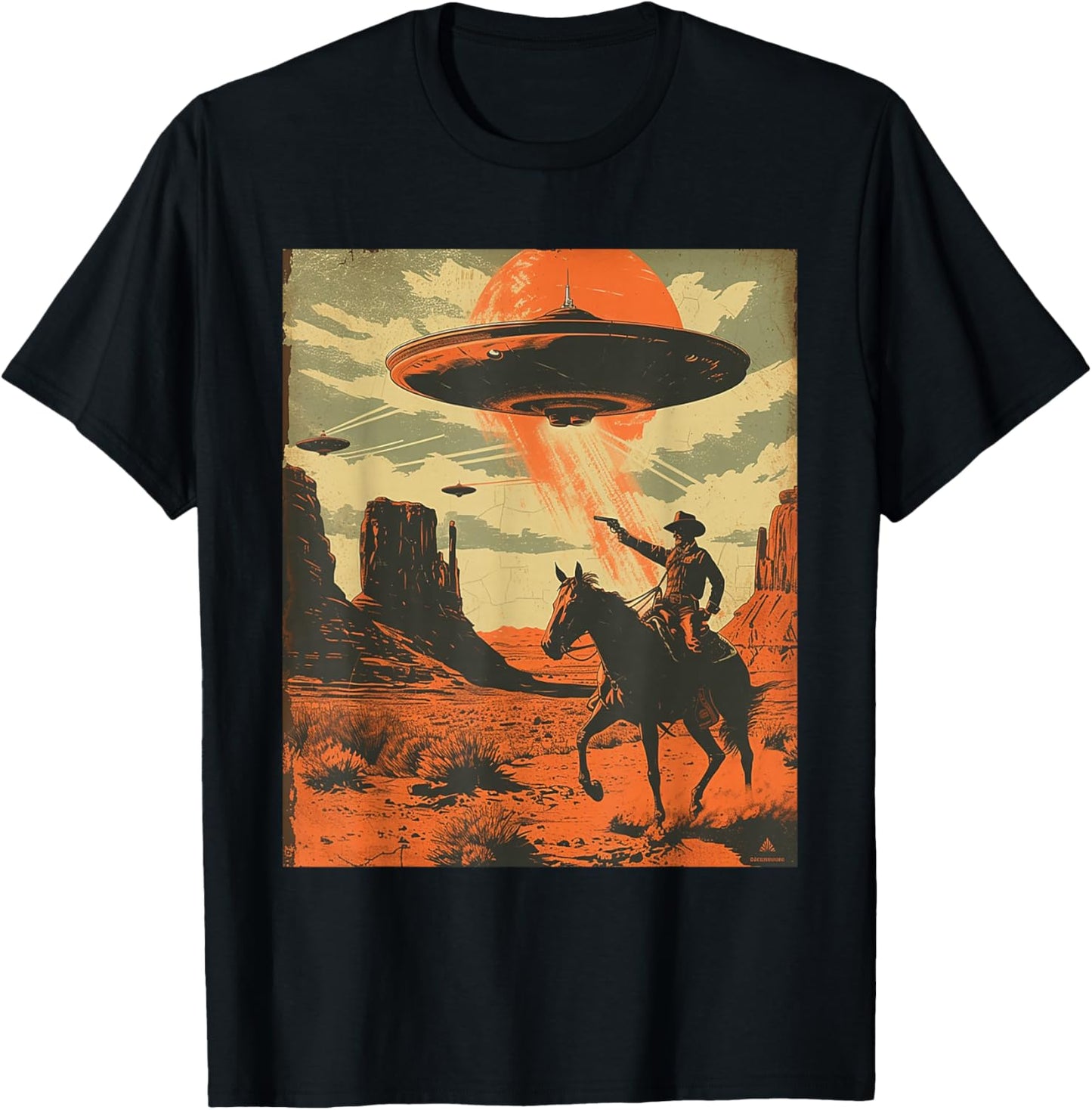 Retro Desert Cowboy Riding Horse Shooting At Space UFO Art T-Shirt - T-Shirt | Black