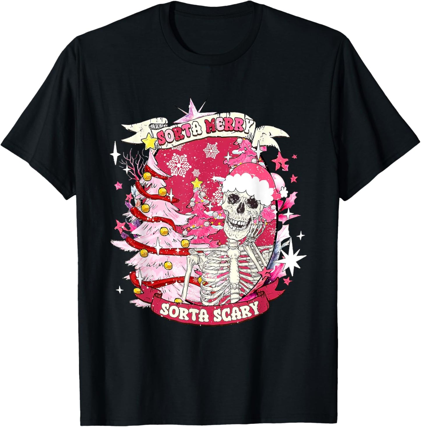 Christmas Sorta Merry Sorta Scary Skeleton Pink Xmas Tree T-Shirt - T-Shirt | Black