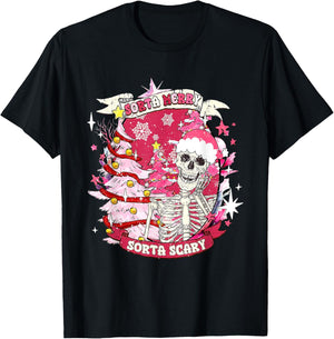 Christmas Sorta Merry Sorta Scary Skeleton Pink Xmas Tree T-Shirt - T-Shirt | Black
