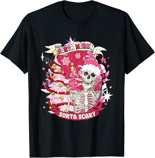 Christmas Sorta Merry Sorta Scary Skeleton Pink Xmas Tree T-Shirt - T-Shirt | Black