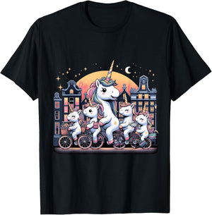 Unicorn Bicycle Amsterdam Netherlands Boys Girls Women Kids T-Shirt - T-Shirt | Black