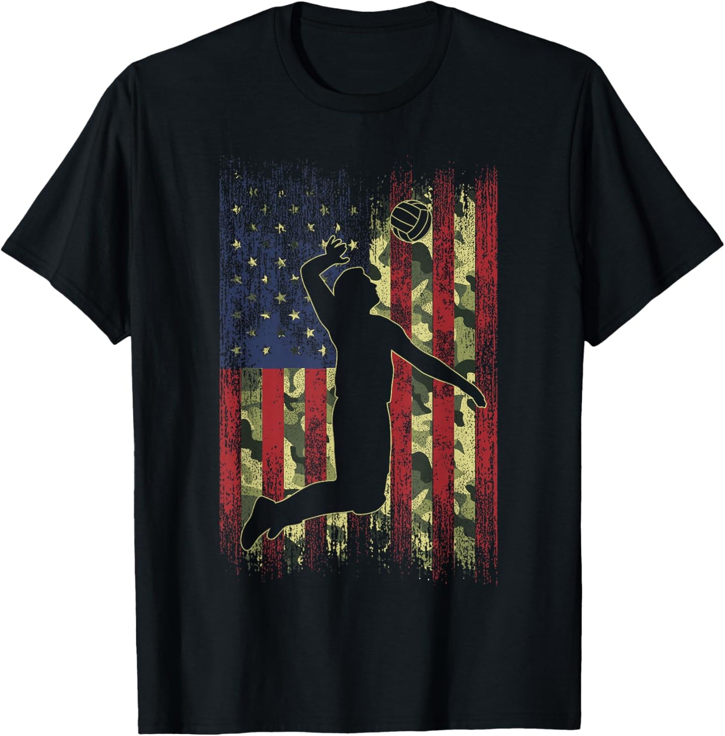 Camo US Flag Volleyball Vintage Patriotic Men Women Kids T-Shirt - T-Shirt | Black