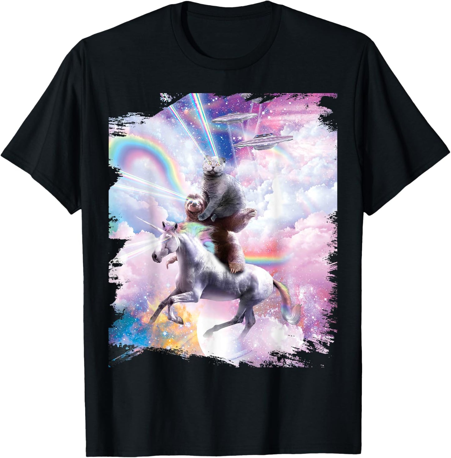 Laser Eyes Space Cat on Sloth Unicorn - Rainbow T-Shirt - T-Shirt | Black