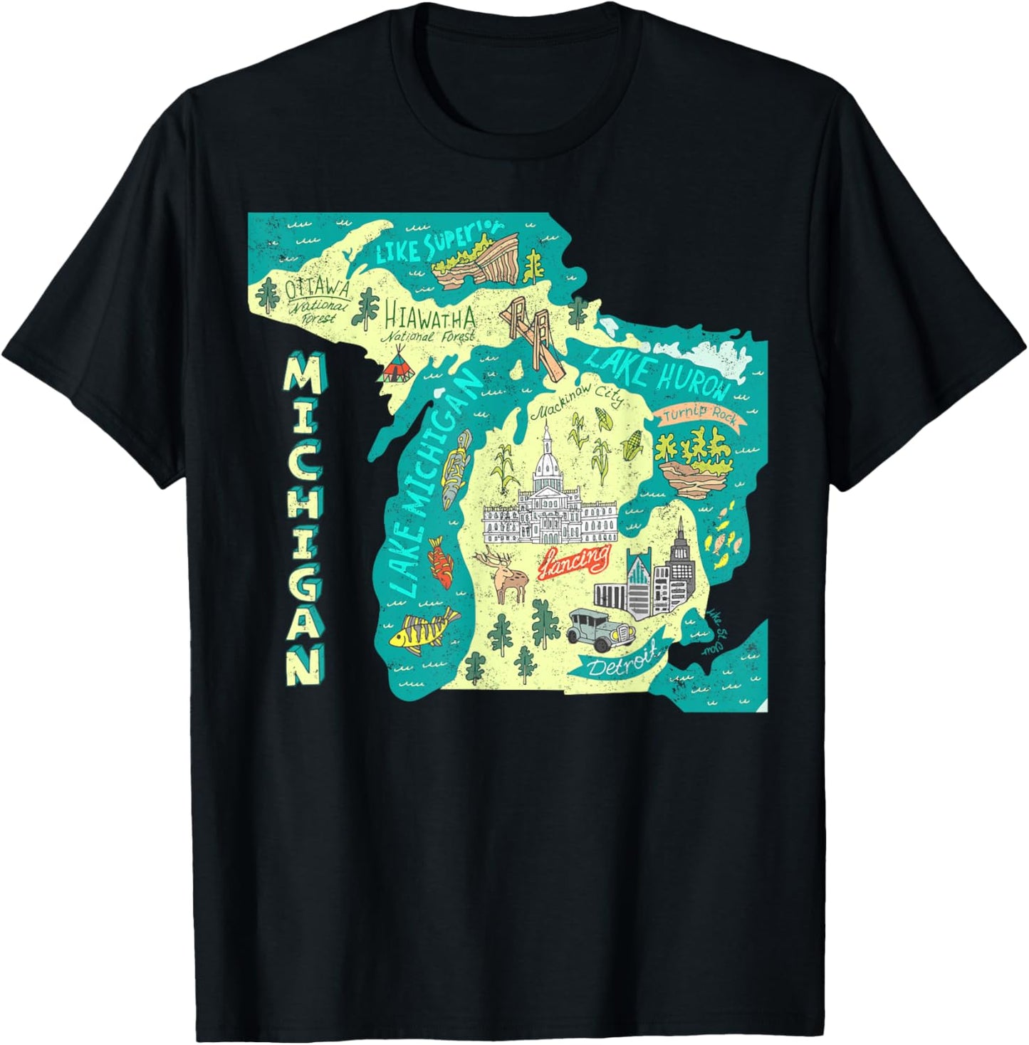 Great Lakes State Map Michigan Vacations Camping Hiking T-Shirt - T-Shirt | Black