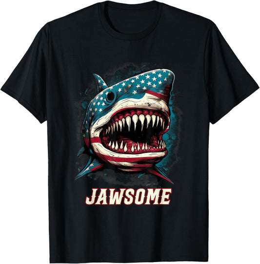 Merica 4th Of July Shark Jawsome Shark T-Shirt - T-Shirt | Black