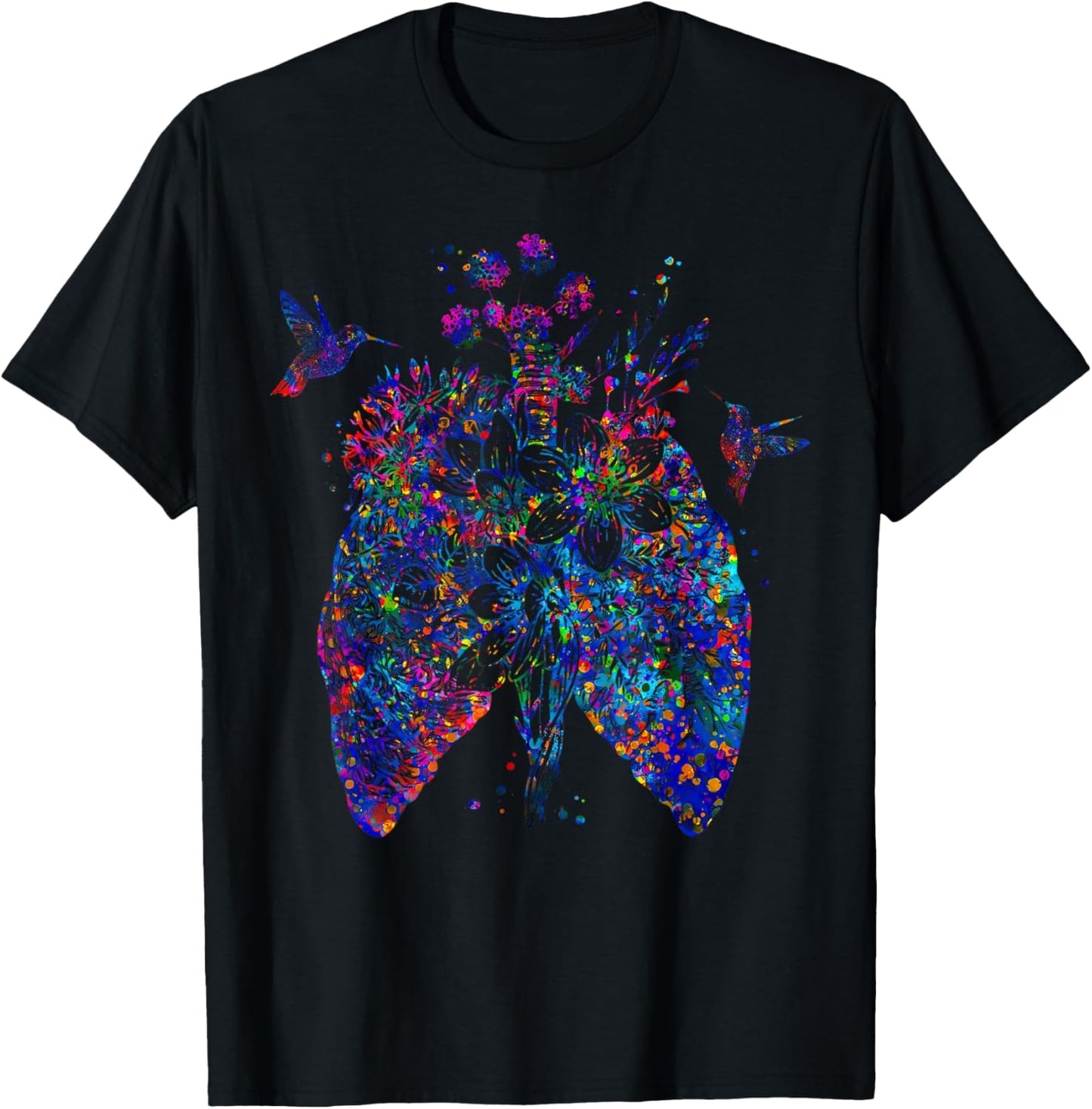 Color Hummingbird Floral Lung Anatomy Pulmonologist RT Nurse T-Shirt - T-Shirt | Black