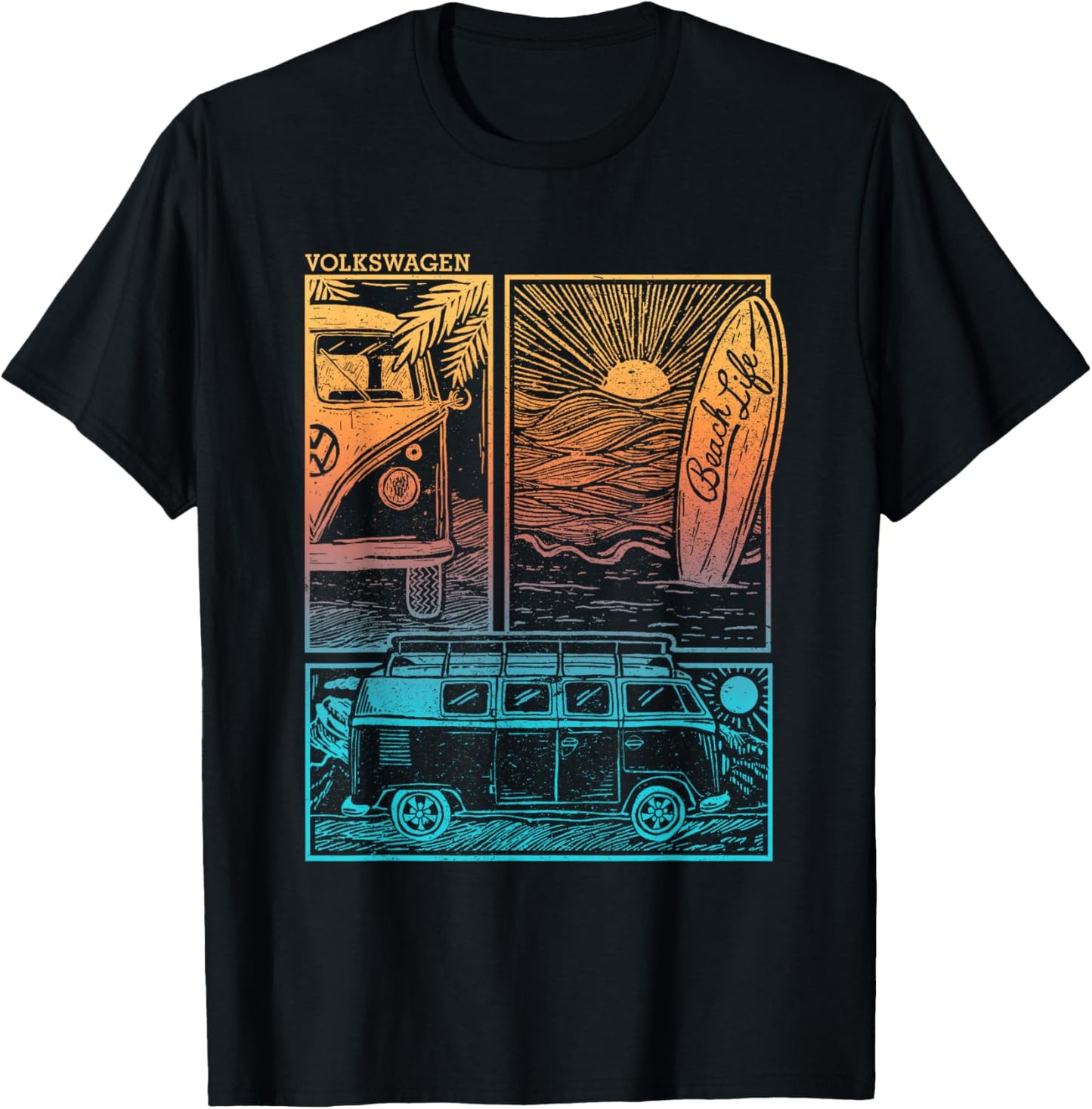 Volkswagen Beach Life Camper Sunset Doodle T-Shirt - T-Shirt | Black