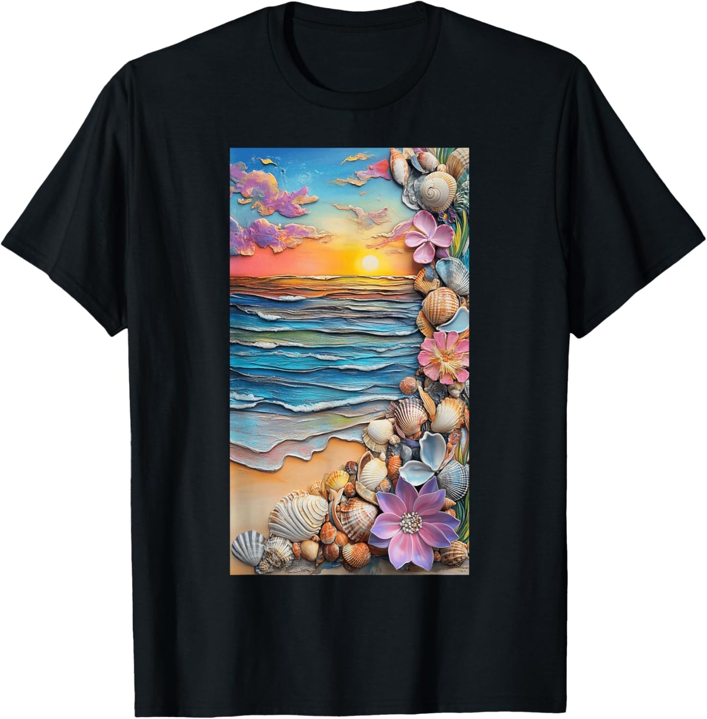 Sunset Beach Scene Seashells Ocean art T-Shirt - T-Shirt | Black
