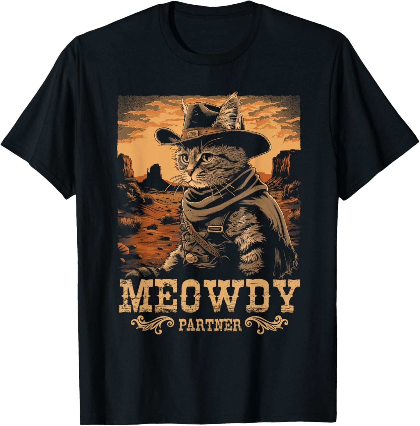Meowdy Cute Kitten Funny Cat Cowboy Hat Country Love Animal T-Shirt - T-Shirt | Black