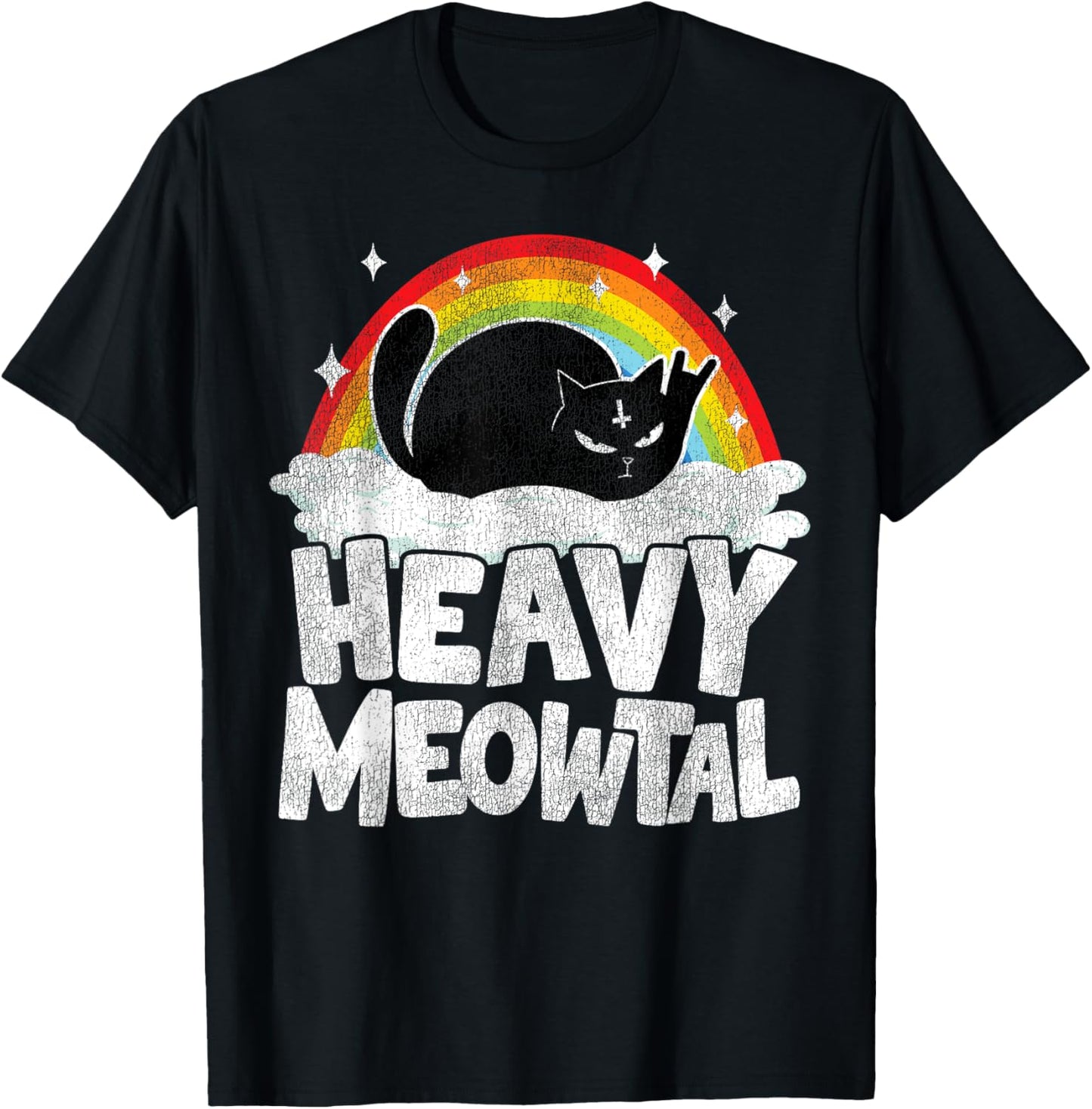 Heavy Meowtal Cat Retro Rainbow Satanic Funny Heavy Metal T-Shirt - T-Shirt | Black