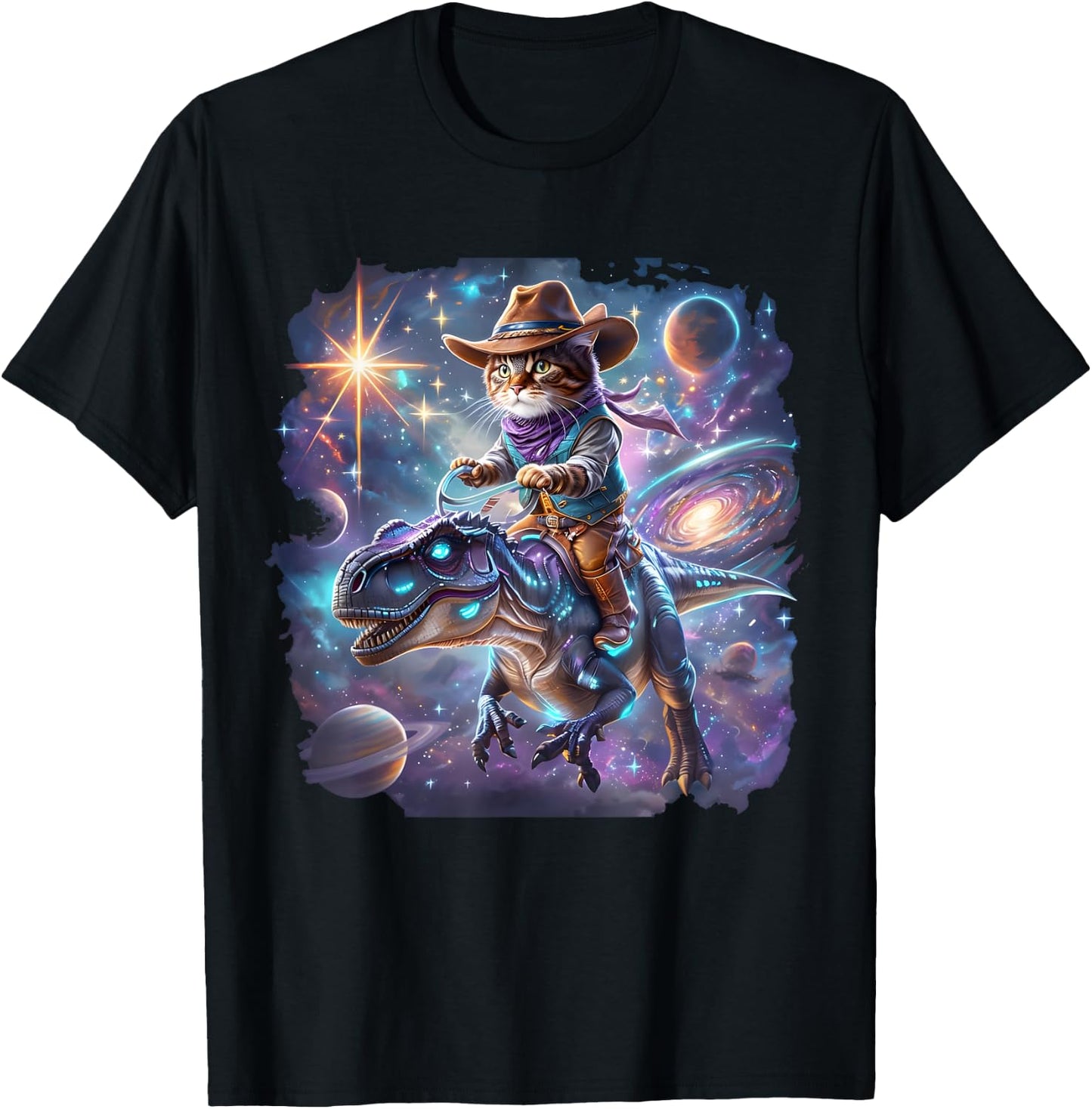 Cat Riding Dinosaur Funny Cat Cowboy Hat Rainbow Galaxy T-Shirt - T-Shirt | Black
