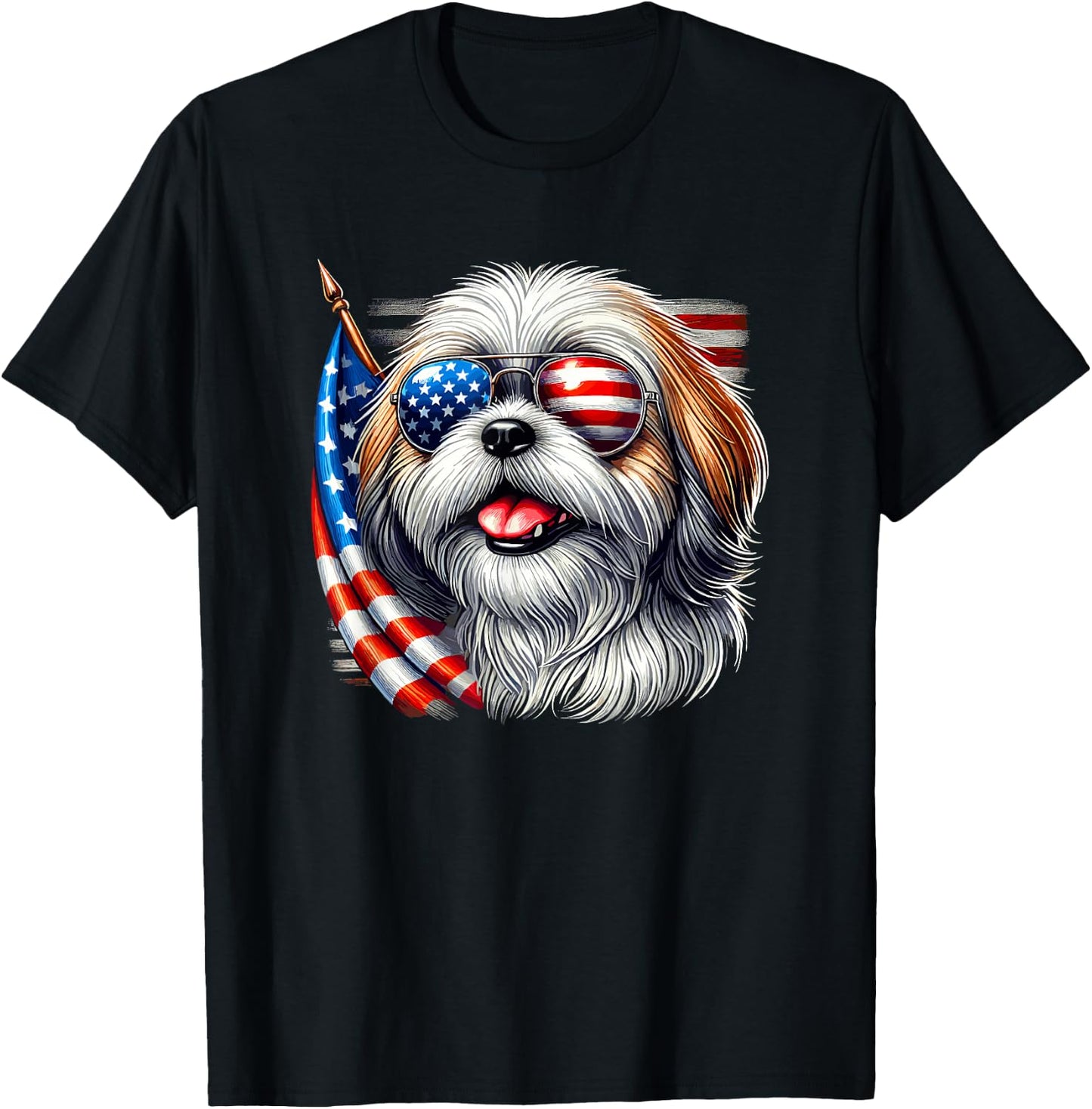 American USA Flag Shih Tzu Shih Tzus 4th Of July Patriotic T-Shirt - T-Shirt | Black