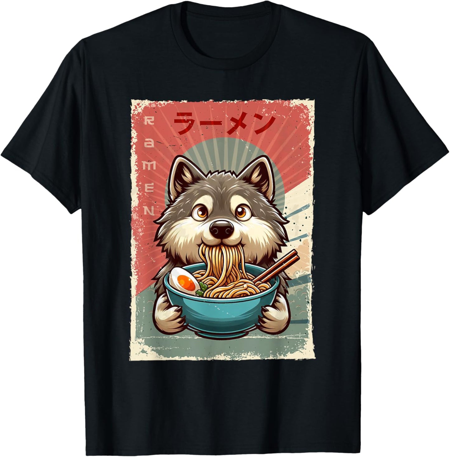 Wolf Eating Ramen Japanese Noodles Soup T-Shirt - T-Shirt | Black
