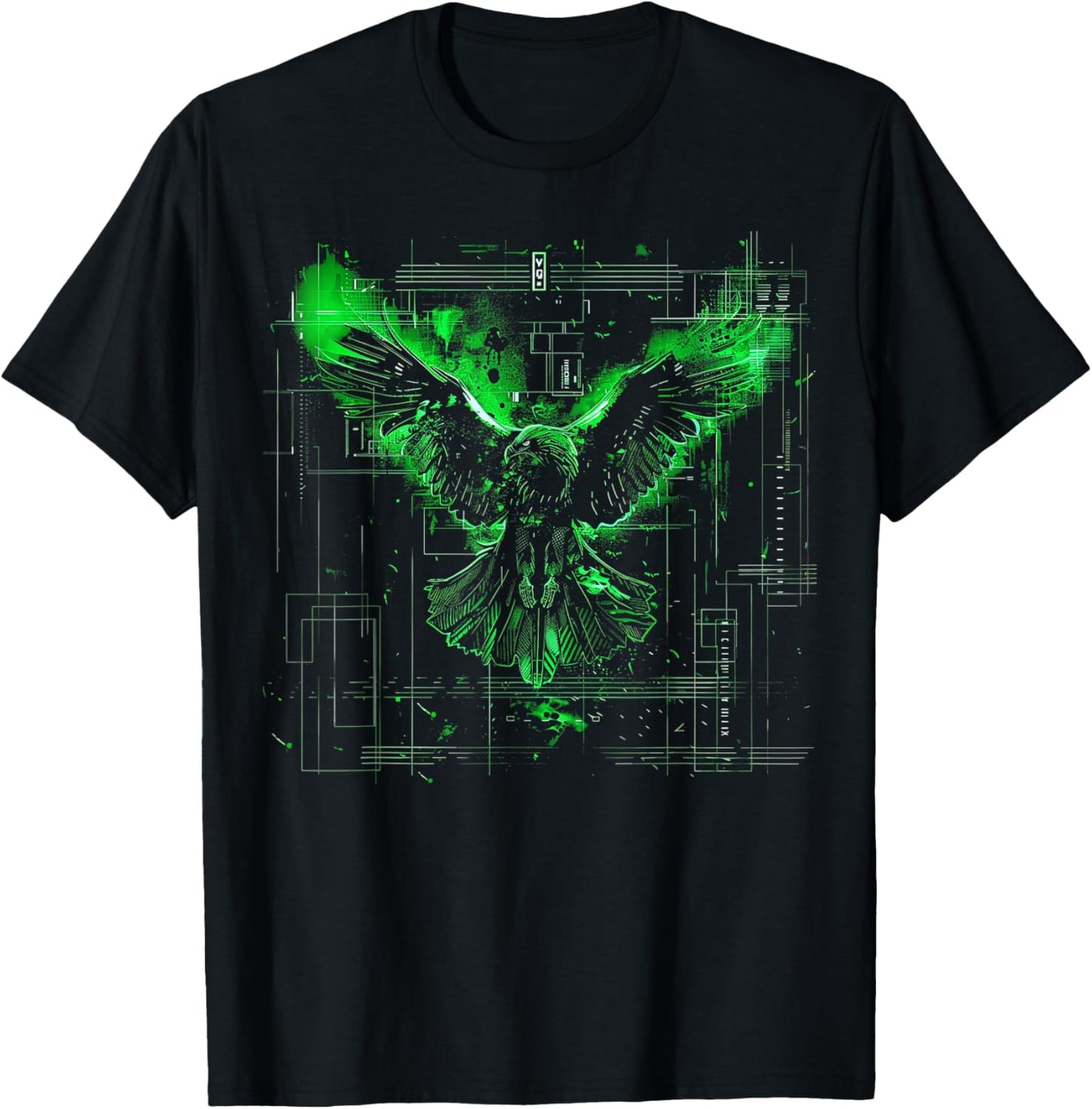 Minimalistische Cyberpunk Fantasy Adler Arkane Grün Japanische Kunst T-Shirt - T-Shirt | Black