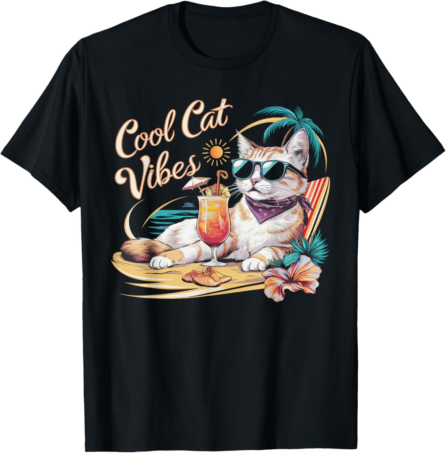 Cool Cat Vibes, A chic Fashionable Cat Tropical Beach T-Shirt - T-Shirt | Black