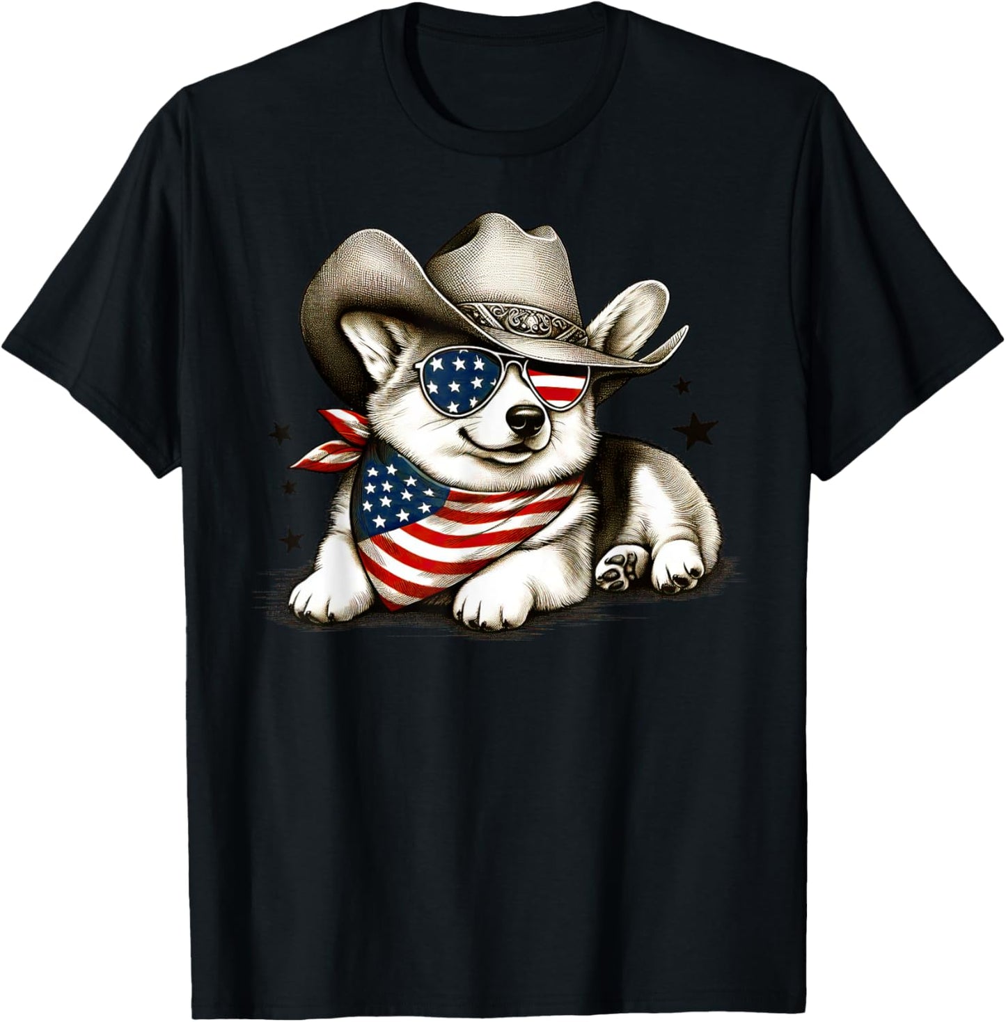 Corgi Cowboy Hat 4th of July American Flag USA Patriotic Dog T-Shirt - T-Shirt | Black