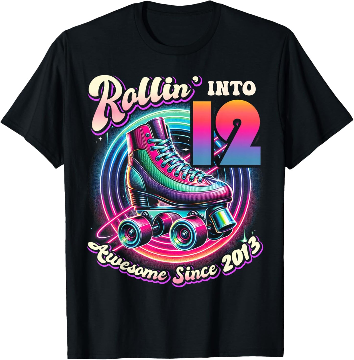 Birthday Roller Skating 12th Girl Rollin into 12 Skate Party T-Shirt - T-Shirt | Black