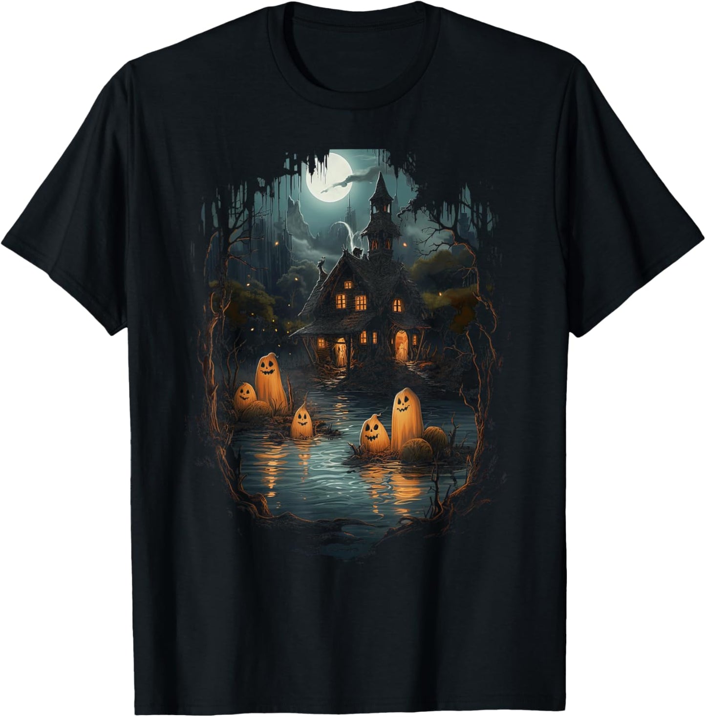 Vintage Ghost and Skeleton by Fire Camping Gothic Halloween T-Shirt - T-Shirt | Black