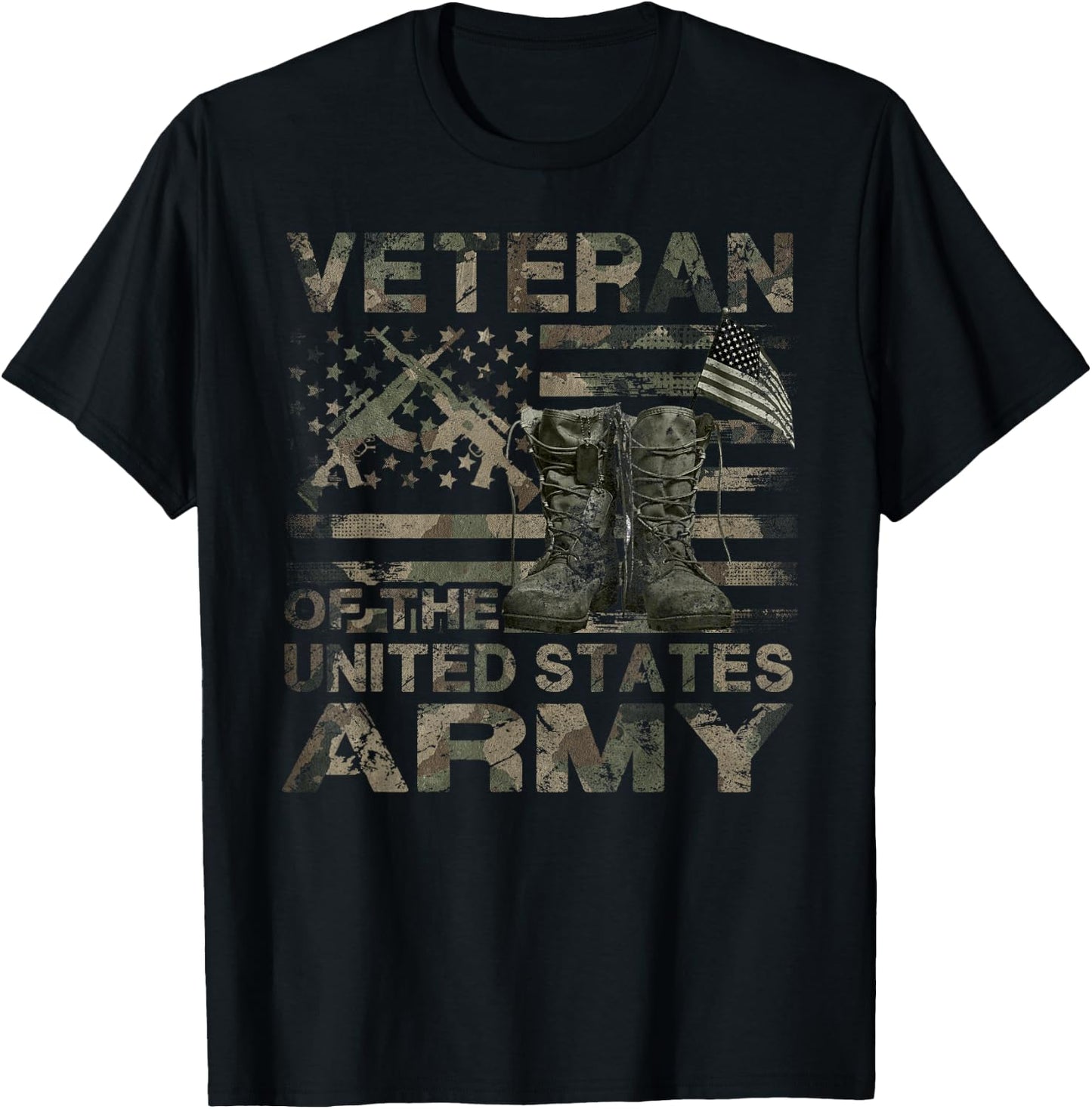 Distressed American Flag Camouflage Proud US Army Veteran T-Shirt - T-Shirt | Black