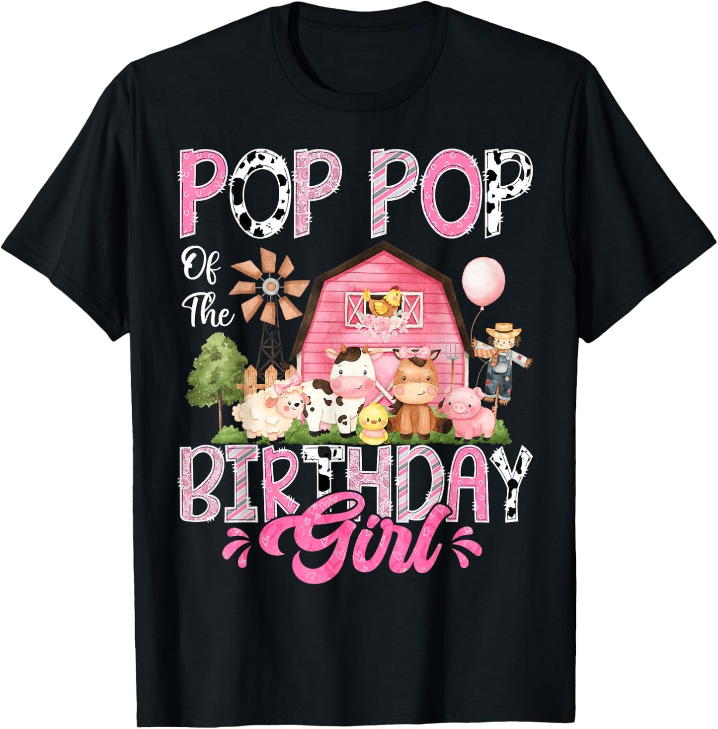 Pop Pop Of The Birthday Girl Pink Farm Cow First Birthday T-Shirt - T-Shirt | Black