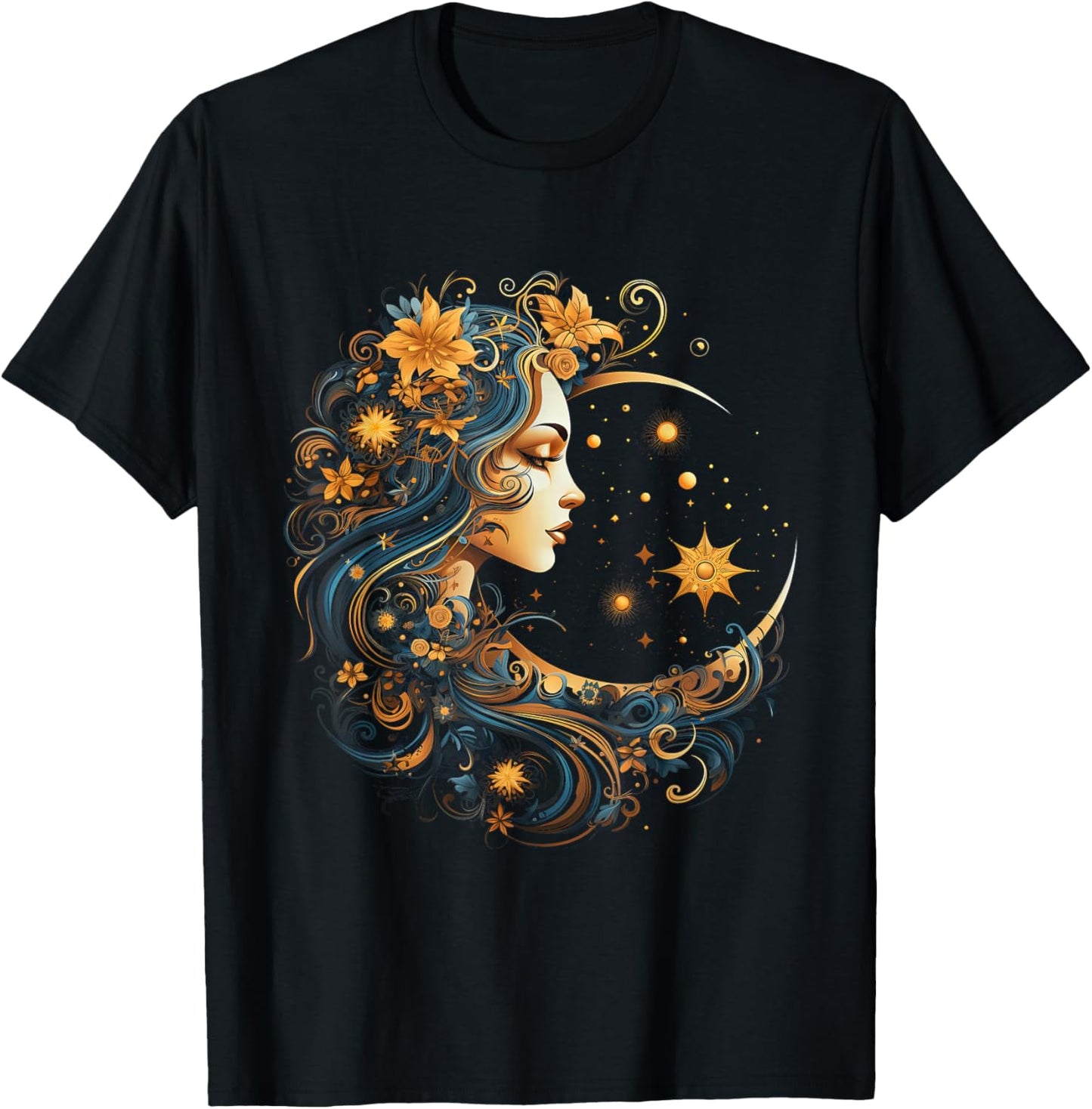 Mystic Sun and Moon Woman Mystical Flowers Aesthetic T-Shirt - T-Shirt | Black