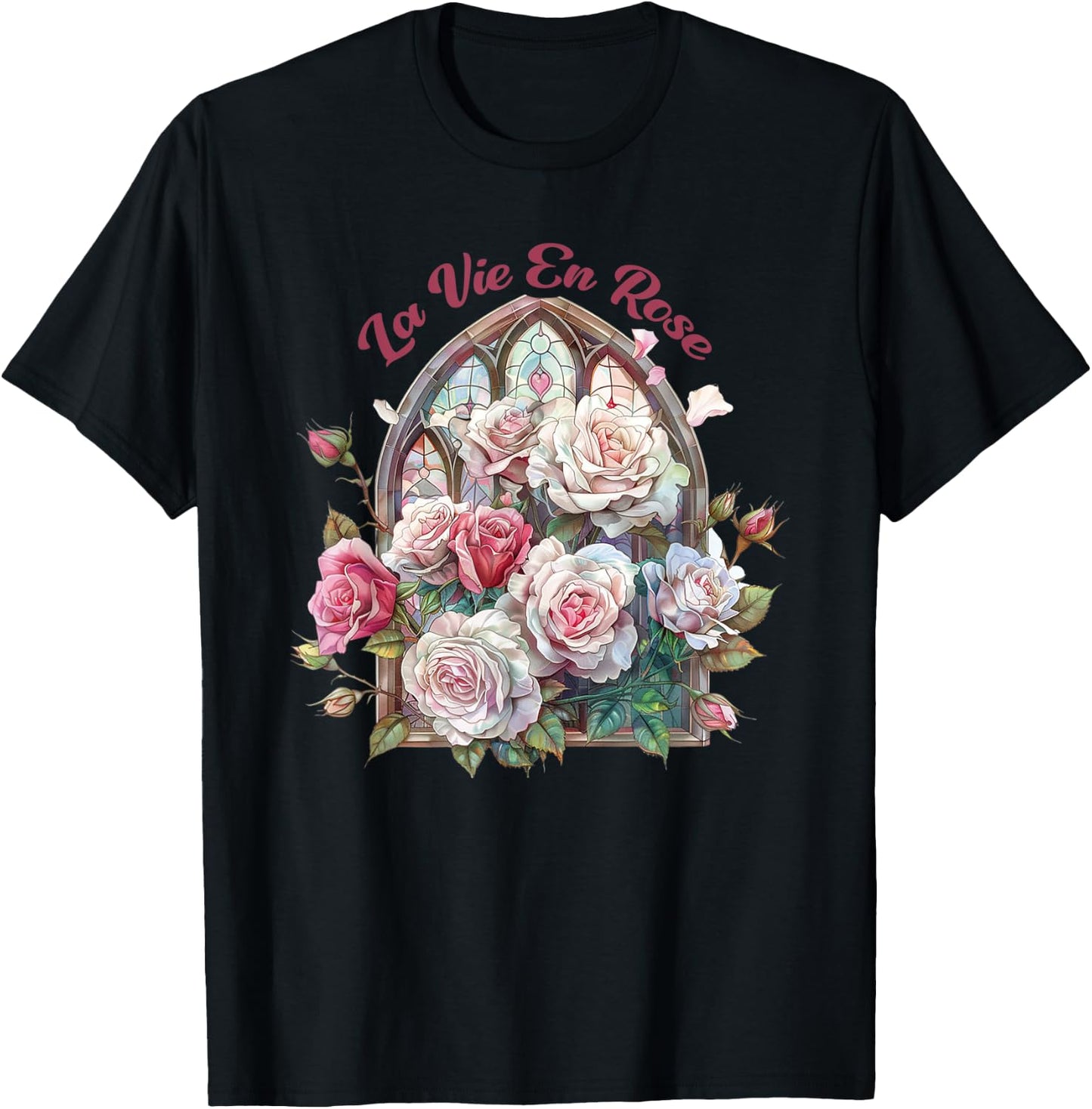 La Vie En Rose, Roses & Stained glass window, Vintage Rose T-Shirt - T-Shirt | Black
