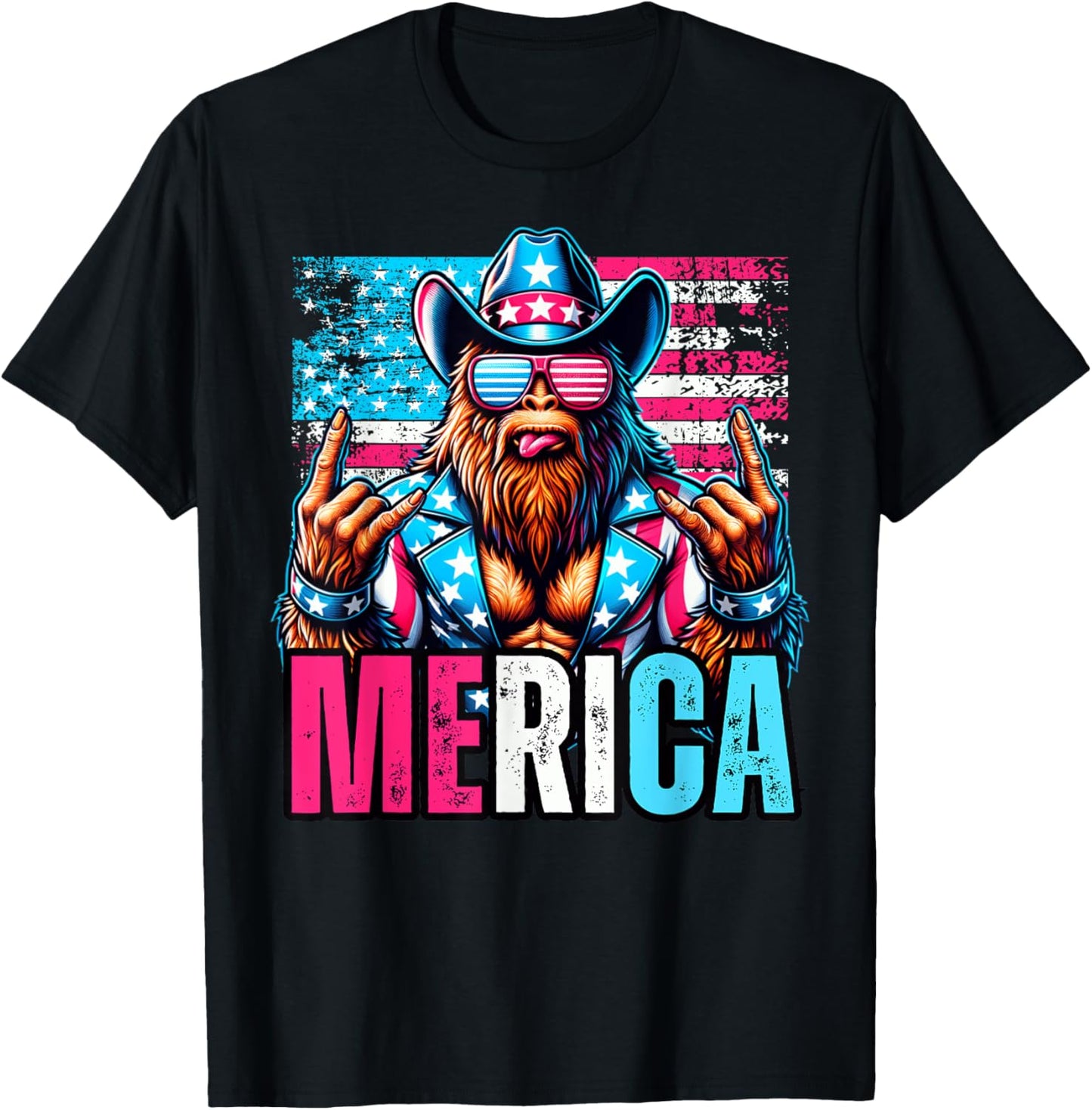 Sasquatch Merica 4th Of July American Flag Cowboy Rocker T-Shirt - T-Shirt | Black