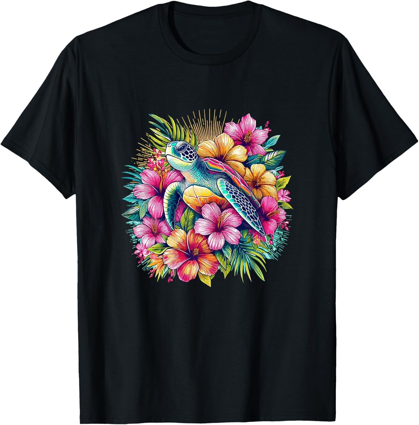 Sea Turtle Hawaiian Flowers Hawaii T-Shirt - T-Shirt | Black