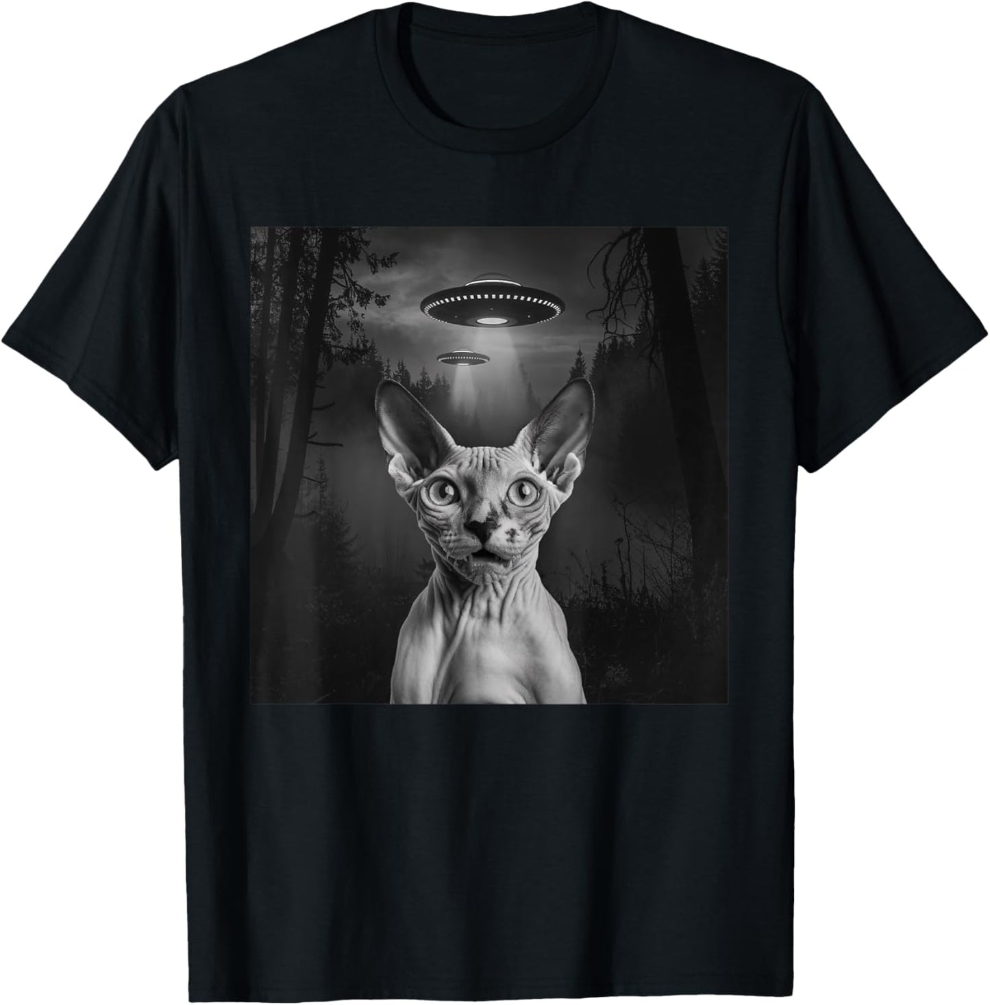 Sphynx Cat Selfie With Alien UFO Funny Cat Outfit T-Shirt - T-Shirt | Black