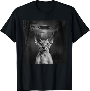 Sphynx Cat Selfie With Alien UFO Funny Cat Outfit T-Shirt - T-Shirt | Black