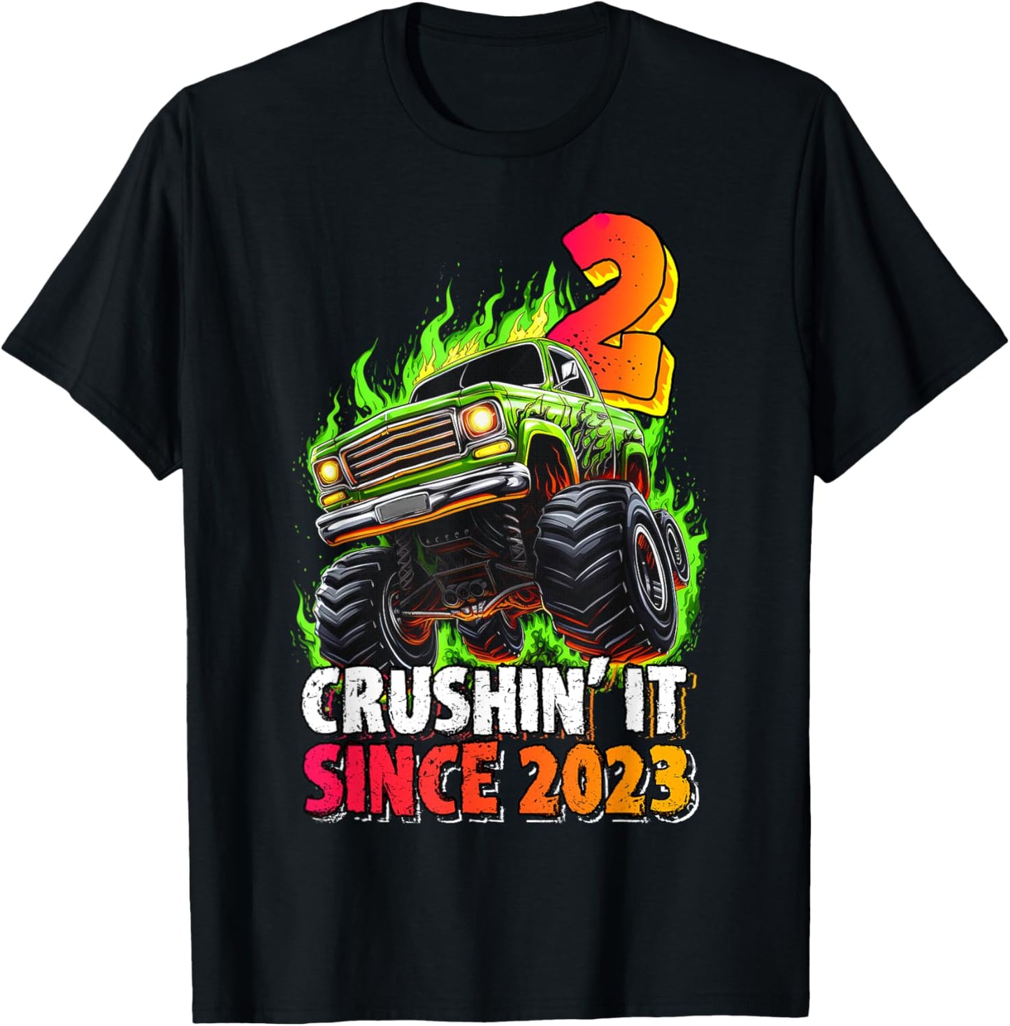 Birthday Monster Truck 2 Year Old Boys 2nd Party Born 2023 T-Shirt - T-Shirt | Black