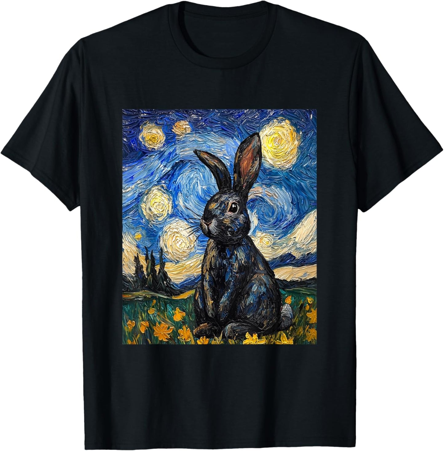 Cute Bunny Rabbit Van Gogh Style Starry Night Funny Graphic T-Shirt - T-Shirt | Black