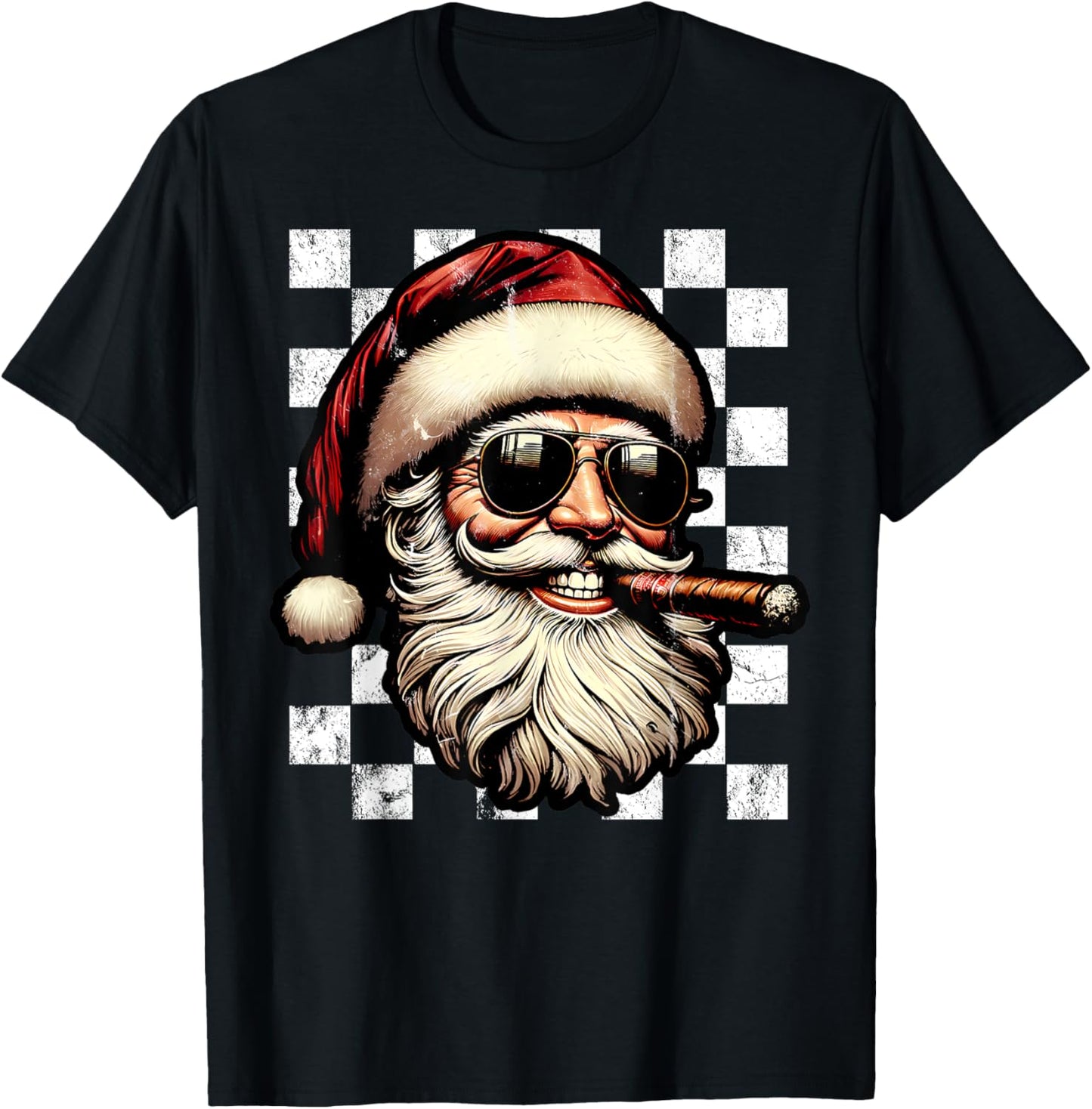 Santa Claus Is Smoking Cigar With Sunglass Smoker Christmas T-Shirt - T-Shirt | Black