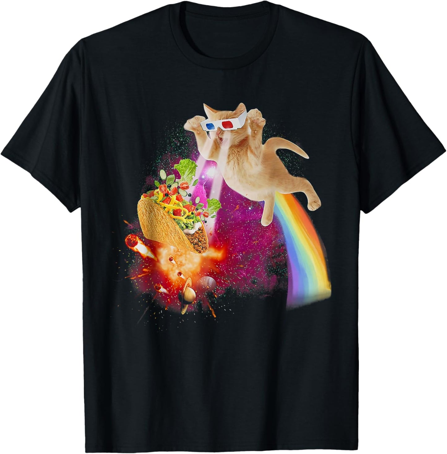 Funny Space Cat Laser Taco Galaxy Kitten Rainbow Cat T-Shirt - T-Shirt | Black
