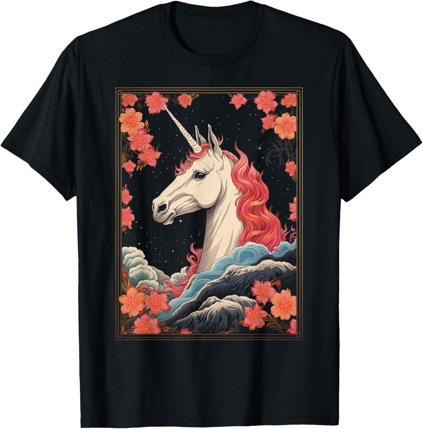 Unicorn Flowers Animal Nature Motif Unicorn T-Shirt - T-Shirt | Black