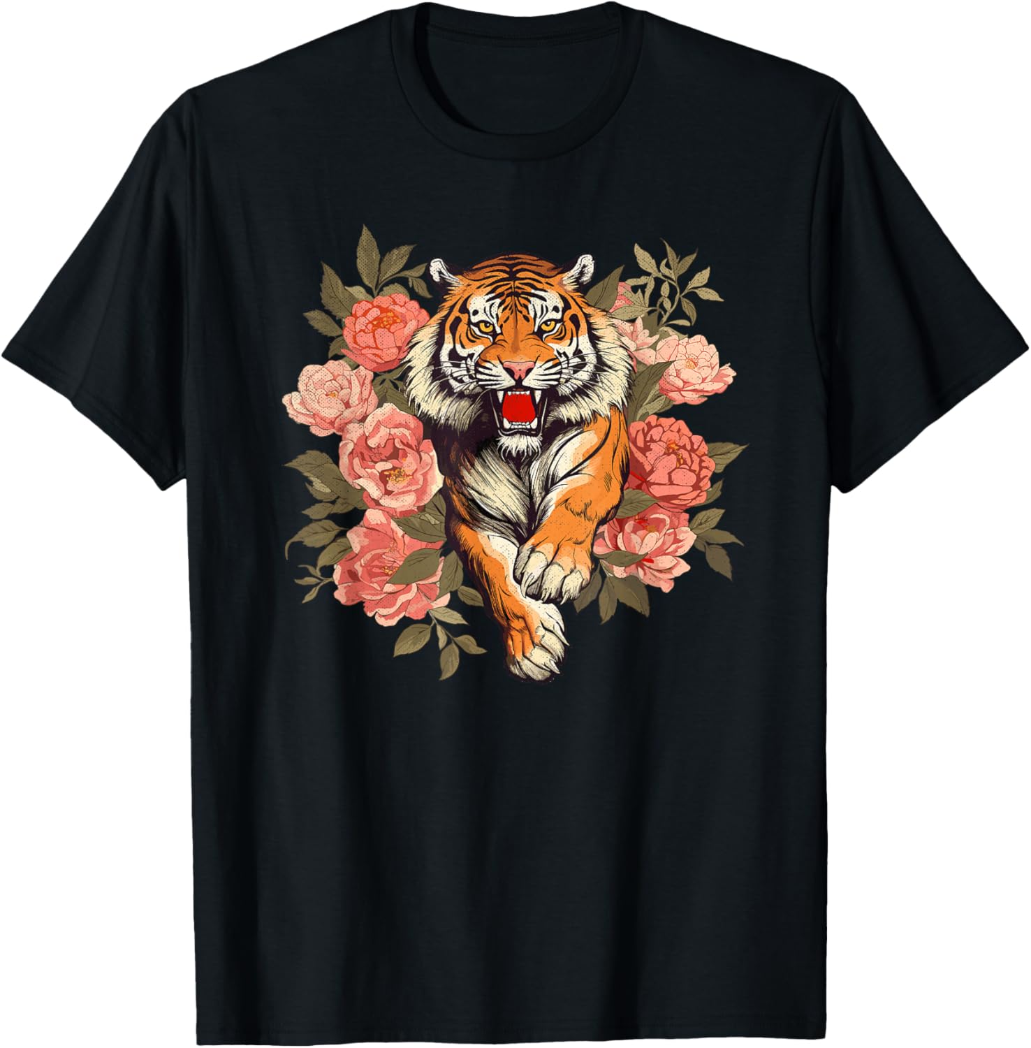 Floral Tiger Animal Graphic Men Women Nature Floral T-Shirt - T-Shirt | Black