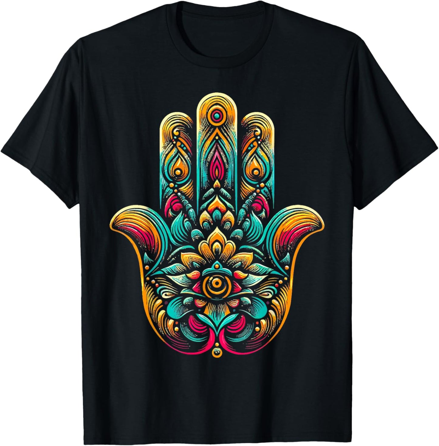 Hamsa Hand Mandala Yoga Fatima Hand Symbol Boho T-Shirt - T-Shirt | Black