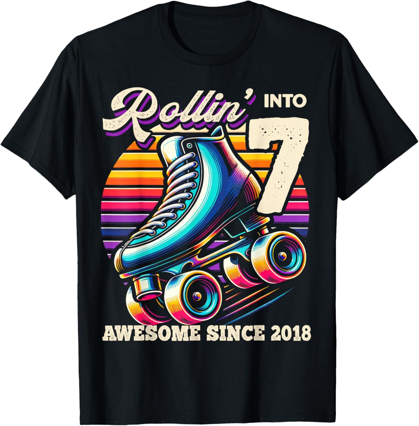 Birthday Roller Skating 7th Girls Rollin into 7 Skate Party T-Shirt - T-Shirt | Black