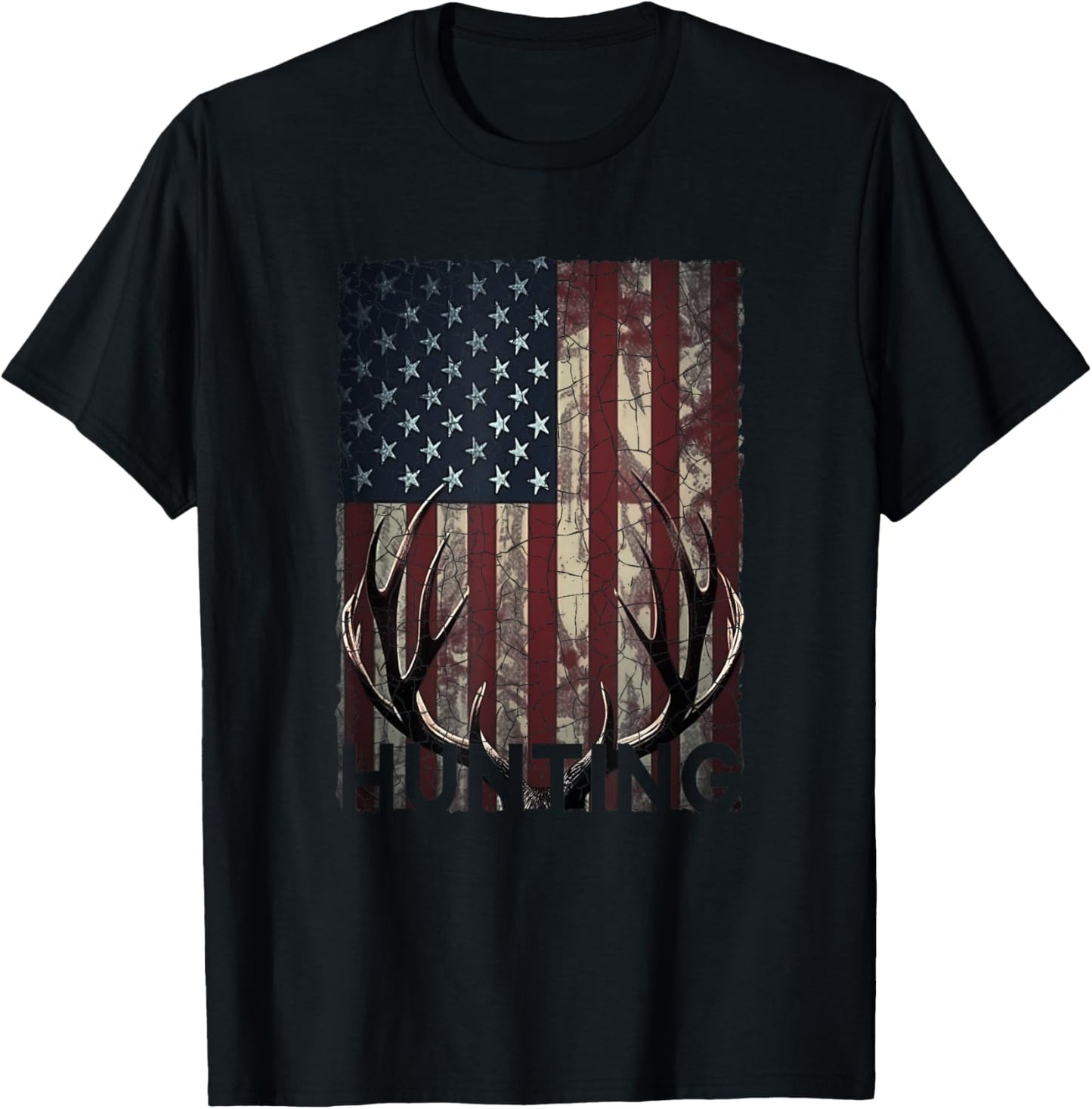Hunting Deer American Flag Wild Outdoor Hunter T-Shirt - T-Shirt | Black