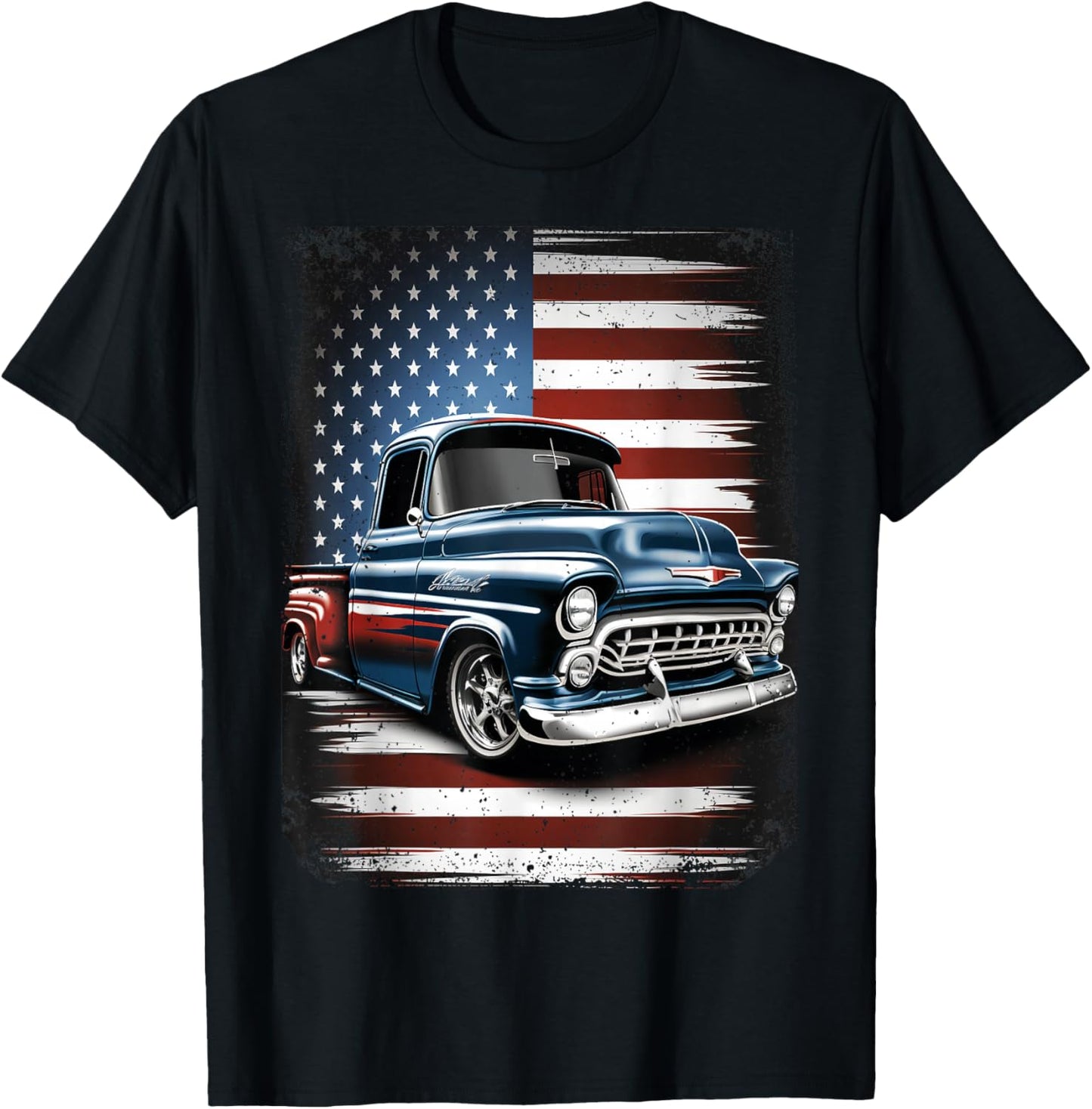 Classic Old Pickup Truck American Flag 4th of July Patriotic T-Shirt - T-Shirt | Black