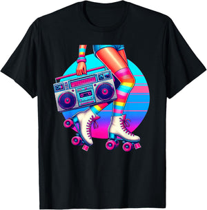 Retro Rollerskates Funny 80's Roller Disco Skating Girl T-Shirt - T-Shirt | Black