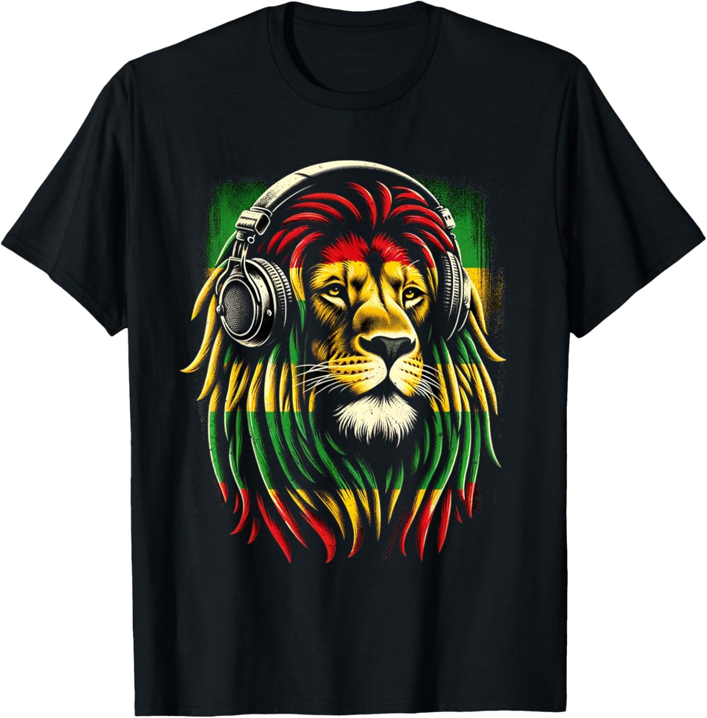 Reggae Lion Roar: Rasta with Headphones Vibe T-Shirt - T-Shirt | Black